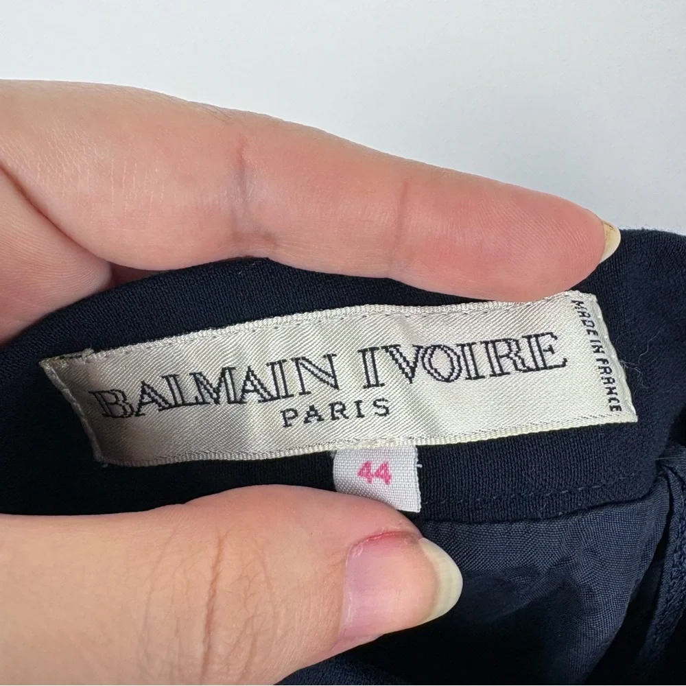 Balmain 100% Wool Ivoire Paris Vintage Navy Blue Pencil Skirt 44 Office Career